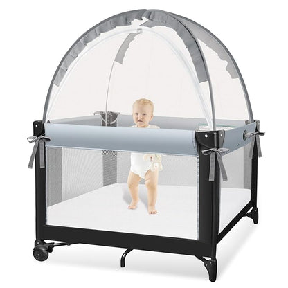 Pack N Play Tent - Mini Crib Tent to Keep Baby from Climbing Out - Crib Net to Keep Baby in - Pop Up Breathable Cribs Cover - Canopy with Upgrade Strong Mesh and Durable Zipper (Gray, Small)