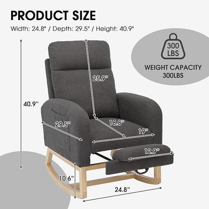 NIOIIKIT Modern Nursery Rocking Chair, Teddy Upholstered Rocking Chair with Footrest, Comfortable Rocker Chair with Side Pocket, Rocker Chair for Living Room, Bedroom, Nursing Room (Grey)