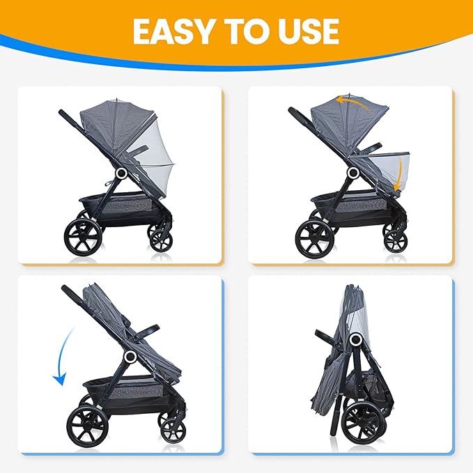 Orzbow Universal Mosquito Net for Stroller, Baby Bug Net with Two-Way Zippers & Storage Bag, Breathable & Foldable Mosquito Netting for Strollers, Car Seat, Bassinet, Portable Mini Crib, Dark Grey