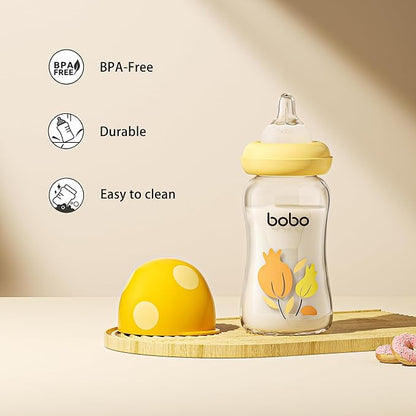 YOHKOH Natural Glass Baby Bottle with Natural Response Nipple, Newborn Anti-Colic Baby Bottles, Wide Neck Mushroom Cap Baby Bottle, Clear (Yellow, (5.4oz (Pack of 4))