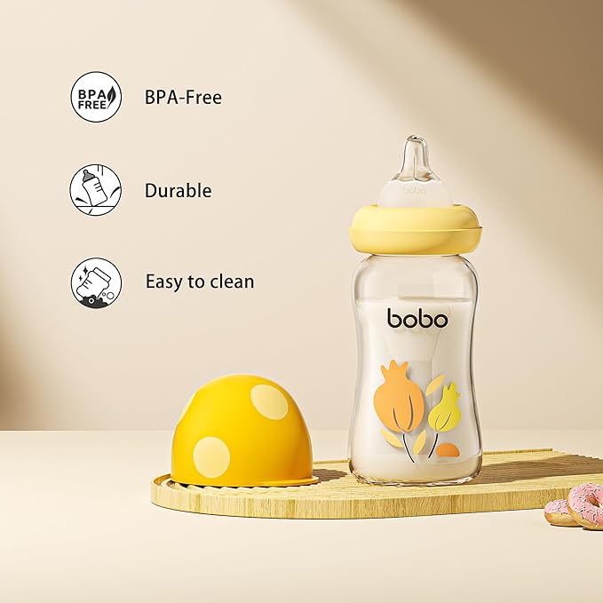 YOHKOH Natural Glass Baby Bottle with Natural Response Nipple, Newborn Anti-Colic Baby Bottles, Wide Neck Mushroom Cap Baby Bottle, Clear (Yellow, (5.4oz (Pack of 2))