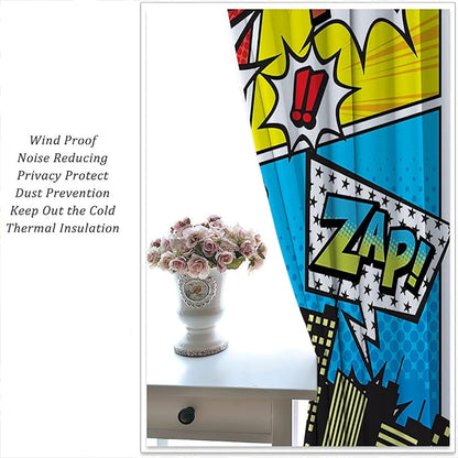 Superhero City Wars Explosion Rod Pocket Blackout Curtains for Boy Girl Bedroom, Colorful Comics Ar Thermal Insulated Home Window Drapes for Living Room Darkening, 72x63 inch
