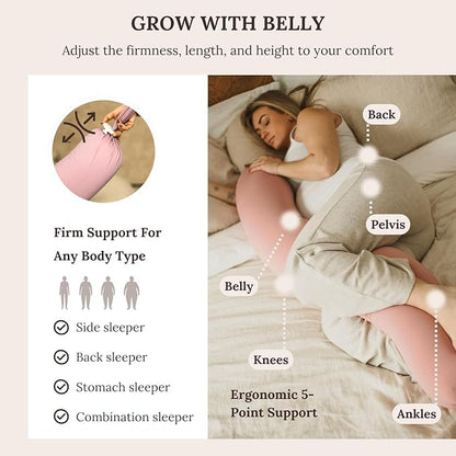 Cuddobaby Pregnancy Pillow 5-in-1 【Cooling Cover, Adjustable Firmness】 Patented Lock Design, Turn into O-Shape Nursing Pillow, 5-Point Full Body Support, Maternity Pillow with Travel Bag - Pink