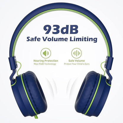 AILIHEN Kids Headphones, I35 On-Ear Headphones for School, Safe Volume 93dB, HD Mic Stereo Headphone for Kid Girls Boys, Foldable 3.5mm Wired for Chromebook, Laptop, Computer, Tablet (Blue Green)
