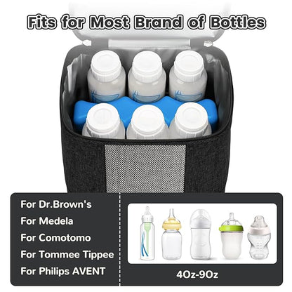 Mancro Breast Milk Cooler Travel Bag with Ice Pack, Double Layer Baby Bottles Bag for Daycare Fits 6 Baby Bottle up to 9 Ounces, Breast Pump Bag for Nursing Moms with Shoulder Strap, Black