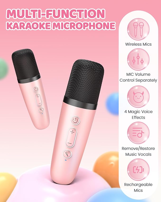 YLL Mini Karaoke Machine for Kids Adults: Portable Loud Speaker with 4 Wireless Microphones -Most Popular Birthday Party Gifts for Girls Boys 3, 4, 5, 6, 7, 8, 9, 10+ Year Old Toys (Pink-4 Mics)