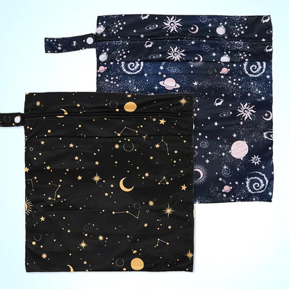 2pcs Cloth Diaper Wet Dry Bags, Waterproof Reusable Wet Bag with 2 Zipper Pockets & Handle, Washable Laundry Bags for Baby Adult Clothes Travel Beach Pool Daycare Yoga Gym Exercise Swimsuits,