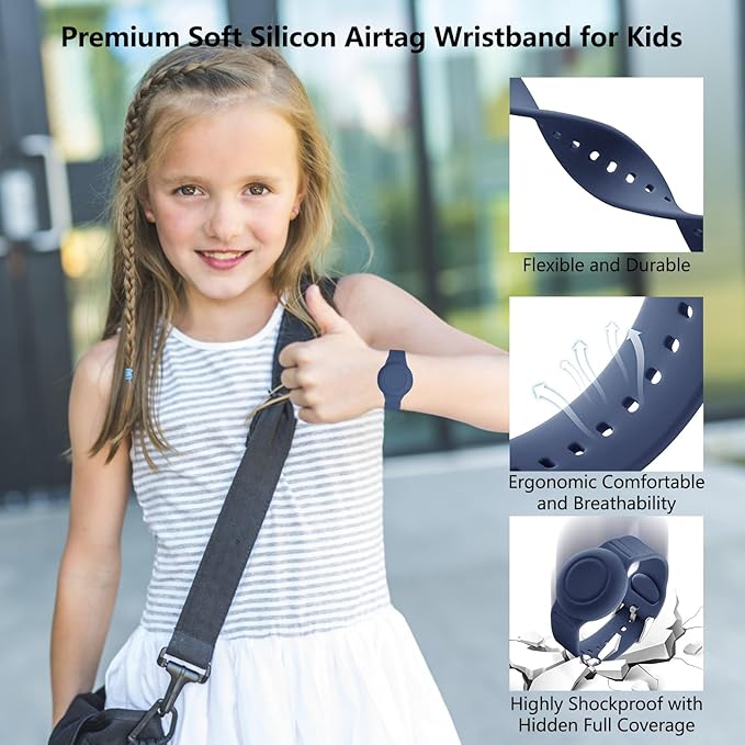 2 Pack Waterproof Airtag Wristband Kids - Anti-Lost Silicone Airtag Holder Cases for Toddler - GPS Tracker Watch Band (Black+Blue)
