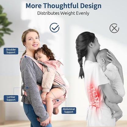 Baby Carrier with Hip Seat, Ergonomic M Position 6in1 Baby Carrier Newborn to Toddler,Head Support and Breathable Mesh Newborn Carrier,Adjustable Baby Holder Carrier for Dad&Mom-Pink