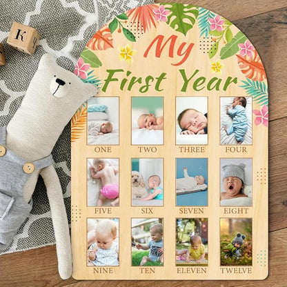 ORIGACH My First Year Baby Growth Photo Display Wood Board - 12 Months Newborn Milestones Photo Board - Neutral Baby Keepsake Board 1st Birthday Party Nursery Decor New Mom Gift - Tropical Leaves