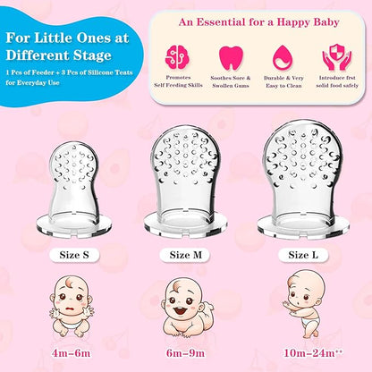 Baby Fruit Food Feeder - Silicone Nibble Tray Combo - Breastmilk Popsicle Mold for Cooling Relief, BPA Free Mesh Feeder for Infant Self Feeding (Deer Pink + Pineapple)
