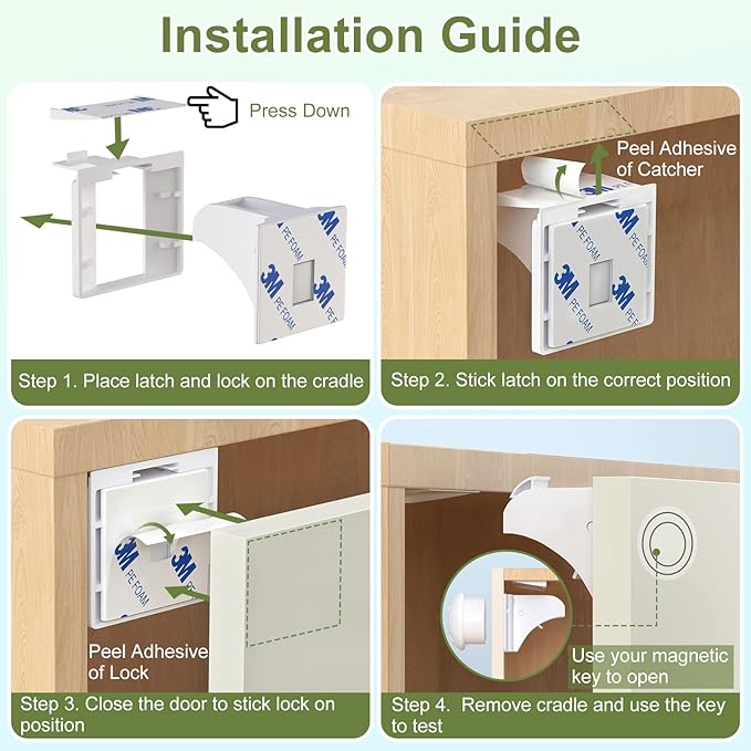 Child Safety Magnetic Cabinet Locks 4 Pack-AOSITE Baby Proofing Magnetic Drawer Locks for Kitchen with Adhesive No Drilling or Screws Fixed, Baby Safety Cabinet Locks