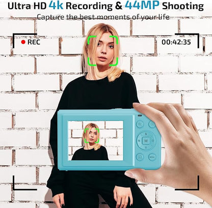 Upgrade Digital Camera, FHD 4K 44MP Autofocus Digital Point and Shoot YouTube Camera with 16X Zoom, 32GB SD Card, Compact Digital Camera Cheap for Teens Boys Girls Kids Blue Camera