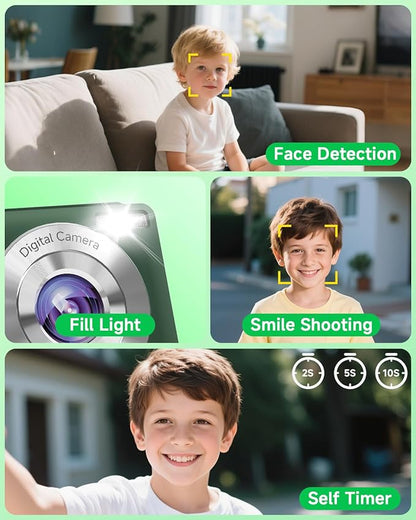 Digital Camera, 44MP FHD 1080P, 16X Zoom, 32GB SD Card, Compact Camera for Kids Teens Adults, Green