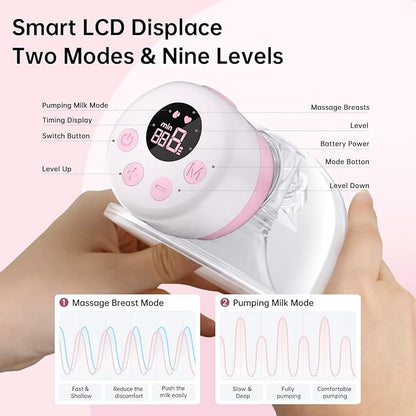 TSRETE Breast Pump, Double Wearable Breast Pump, Electric Hands-Free Breast Pumps with 2 Modes, 9 Levels, LCD Display, Memory Function Rechargeable Double Milk Extractor-21/24mm Flange, Pink