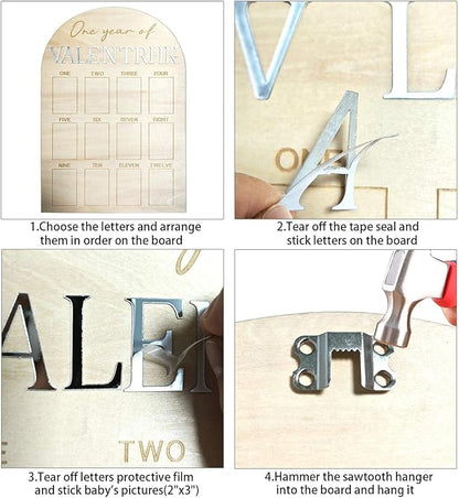 One Year Of Photo Board My First Year Milestone Board 12 Monthly Picture Frame Baby's First Year Wood Photo Board Acrylic Mirror Letters 1st Birthday Decoration Baby Keepsake Gift (2" x 3" photos - Wallet Size)