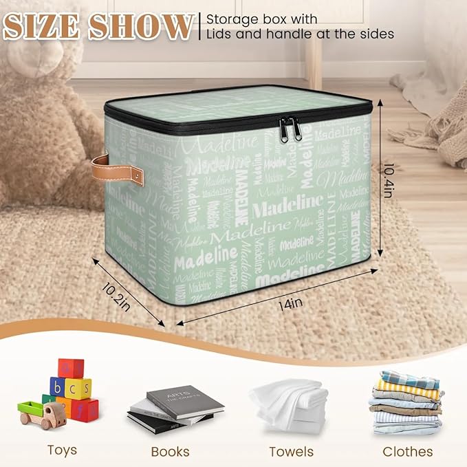 Custom Storage Basket with Name, Personalized Storage Bins with Zipper Lid, Foldable Fabric Storage Box Large capacity with Handle Green