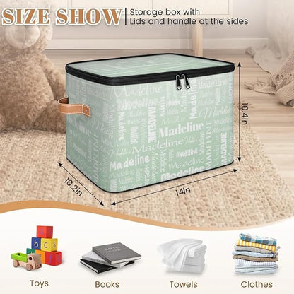 Custom Storage Basket with Name, Personalized Storage Bins with Zipper Lid, Foldable Fabric Storage Box Large capacity with Handle Green