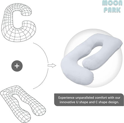 MOON PARK Pregnancy Pillows for Sleeping - U Shaped Full Body Maternity Pillow with Removable Cover - Support for Back, Legs, Belly, HIPS - 65 Inch - Light Grey