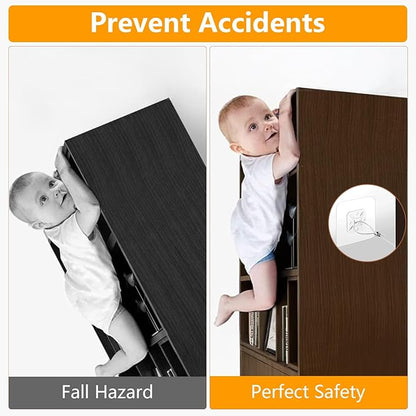 No Drill Metal Furniture Anchors (10 Packs) for Baby Proofing, 14" Adhesive Anti-Tip Furniture Wall Safety Straps for Child, Keep Toddlers & Pets Safe from Falling Furniture Like Dresser & Bookshelf
