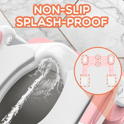SKYROKU Potty Training Seat for Toddlers – 2-in-1 Adjustable Potty Ladder with Step Stool, Anti-Slip Cushion, Splash Guard & Extra-Wide Pedals, Supports 200+ lbs, Ideal for Boys & Girls (Pink)