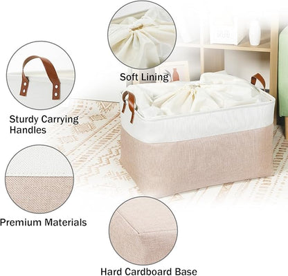 DULLEMELO Extra Large Baskets for Organizing, 22" X 15" X 13" Rectangle Fabric Storage Bins, Foldable Blanket Basket Living Room, Large Kids Toy Storage Organizer Bins, Baby Basket Gift (White&Khaki)