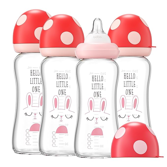 YOHKOH Natural Glass Baby Bottle with Natural Response Nipple, Newborn Anti-Colic Baby Bottles, Wide Neck Mushroom Cap Baby Bottle, Clear (8.8ounce (Pack of 4), Red1)