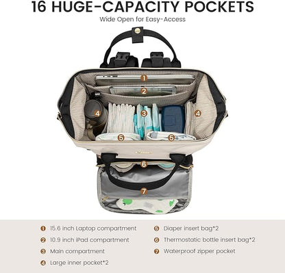 LOVEVOOK Diaper Bag Backpack, Baby Bag with Changing Station, Large Diaper Backpack for Mom Dads, Waterproof Mommy Bag for Boy and Girl, Travel Essential Baby Shower, Black-Beige