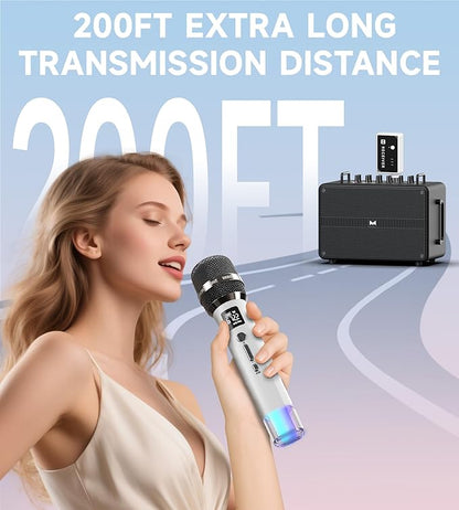 Wireless Microphones, Microphone with One-to-One Chip Connection and LED Lights, 40H Duration, 200FT Range Receiving, Volume Control Karaoke Microphone for Singing, Speech, Home Party, YouTube/TikTok