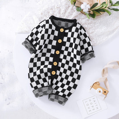 Ins New Chessboard Baby One-piece Garment Thousand Bird Pattern Knitting