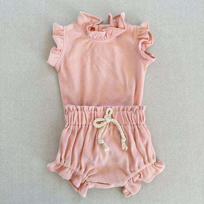 Rib Cotton Short Sleeve Wooden Ear Rompers Jumpsuit