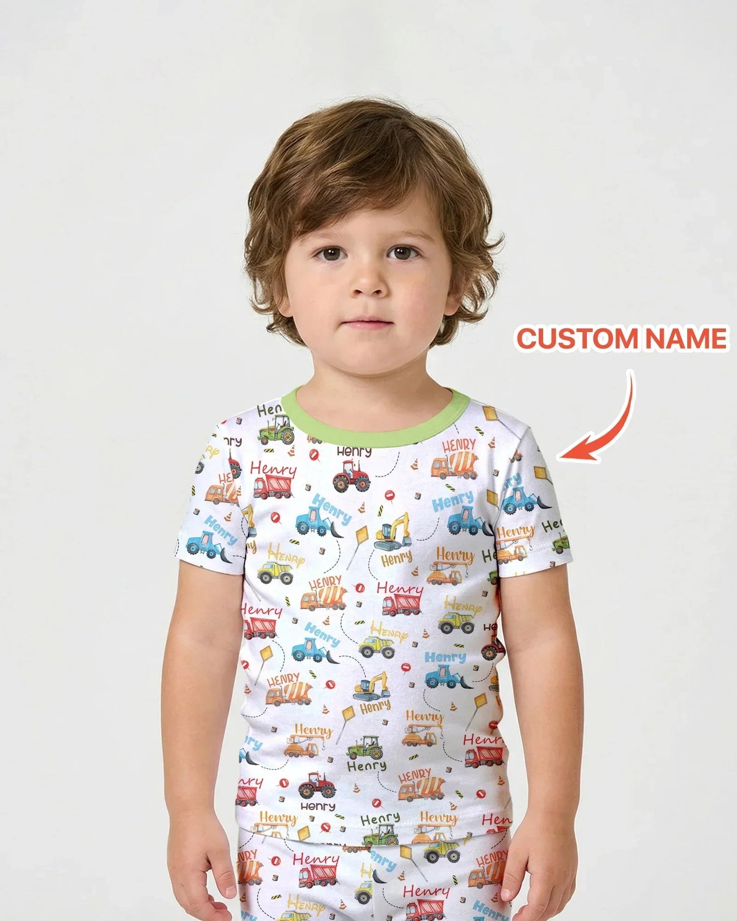 Construction Vehicles Custom Name Bamboo Two Piece Short Sleeve Shorts Pajama Set
