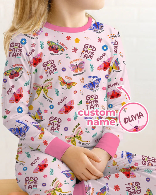Custom Name God says I am Butterfly Bamboo Two Piece Long Sleeve Pajama Set