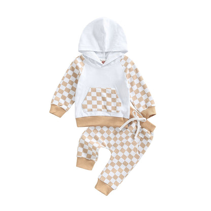 Casual Boys' Plaid Patchwork Hoodie Trousers Suit