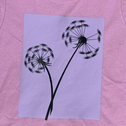 New Upcycled Hand Printed Girls Large 10/12 Purple Dandelion Wish Tee Shirt
