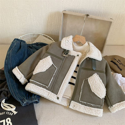 Girls Fleece-Lined Coat Winter Kids Lambswool Top