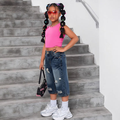 Girl's Nostalgic Washed Distressed Jeans