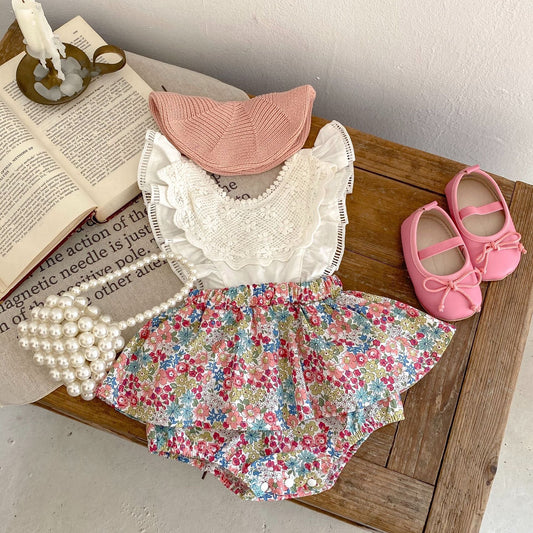 Baby Flounced Sleeve Suspender Fake Two Pieces Bottom-covering Rompers
