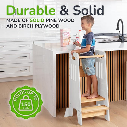 Toddler Tower with a Sliding Door and 3 Adjustable Heights - Complete Toddler Kitchen Stool Helper with Support Feet - Safe Design for 18+ Months to 6-Year-Old Kids - White