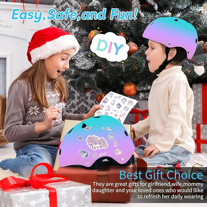Adjustable Kids Bike Helmet with Knee & Elbow Pads Set, Color Gradient Design for Boys and Girls Aged 3-14+, for Skateboarding, Scooter, Roller & Inline Skating, Longboard