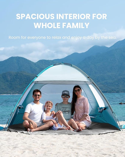 OutdoorMaster Beach Tent for 3/4 Person - Easy Setup Sun Shade Shelter, Portable Beach Shade Sun Canopy with UPF 50+ UV Protection, Removable Skylight Family Size