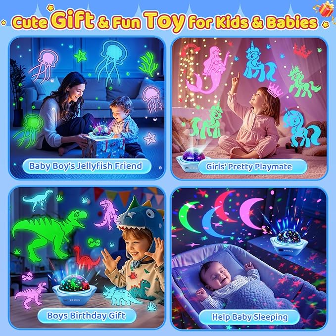 Jellyfish Baby Night Light Projector, Dinosaur+Jellyfish+Unicorn Night Light Projector, 96 Projection Options+USB Rechargeable Baby Sleeping Toys Baby Gifts,Jellyfish Lamp Baby Toys Baby Gifts Newborn