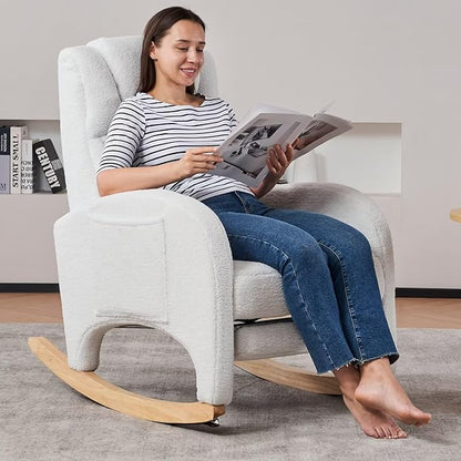 Rocking Chair Nursery, Modern Glider Chair with Adjustable Footrest and Solid Wood Legs, High Backrest Nursery Chair with Side Pocket, Rocker Armchair for Living Room Bedroom, Teddy Ivory