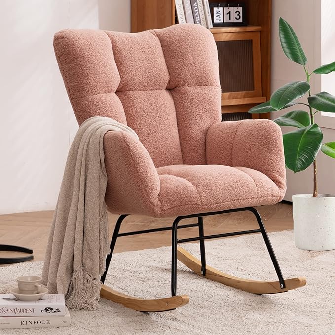 NIOIIKIT Nursery Rocking Chair Teddy Upholstered Glider Rocker Rocking Accent Chair Padded Seat with High Backrest Armchair Comfy Side Chair for Living Room Bedroom Offices (Pink Teddy)