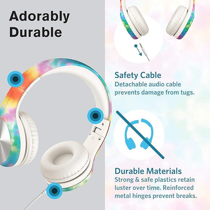 LilGadgets Connect+ Pro Kids Headphones with Mic and Cord, SharePort Technology, Over-Ear Foldable Headset, Volume Limit 93db, Wired Inline 3.5mm Jack for School - Tie Dye Rainbow Headphones for Kids
