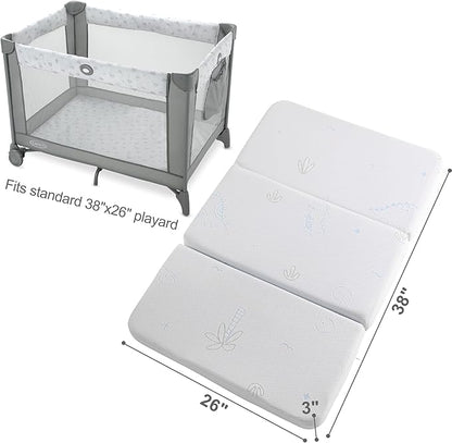 Trifold Play and Pack Mattress Portable Mini Cribe Matter Pad Waterproof Pack N Play Mattress for Baby and Toddler Breathable Dual Side Memory Foam Topper