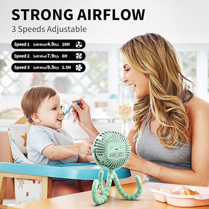 AMACOOL Battery Operated Stroller Fan Flexible Tripod Clip On Fan with 3 Speeds and Rotatable Handheld Personal Fans for Car Seat Crib Bike Treadmill (Green)