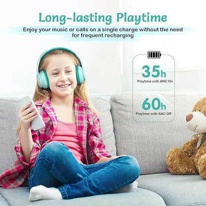 Active Noise Cancelling Kids Headphones, 60H Playtime, Wireless Bluetooth Over-Ear Headset, Built-in Microphone for Home/School/Travel/Party - Includes Portable Case