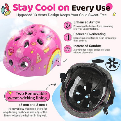 Vvinca Kids Toddlers Bike Helmet Adjustable for Ages 3-5-8 Years, Knee Pads and Elbow Pads Set Wrist Guard Sports Protective Gear Set for Roller Skate Bicycle Skateboard Scooter Girl Boy Birthday Gift