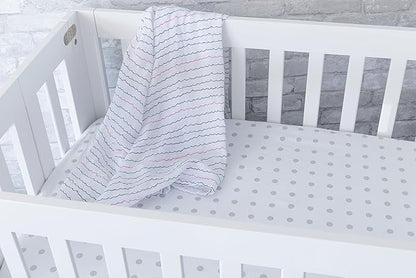 Ely's & Co. Kid's Waterproof Pack n Play Portable Mini Crib Sheet with Mattress Pad Cover Protection, White and Grey Chevron and Polka Dots (2 Pack)